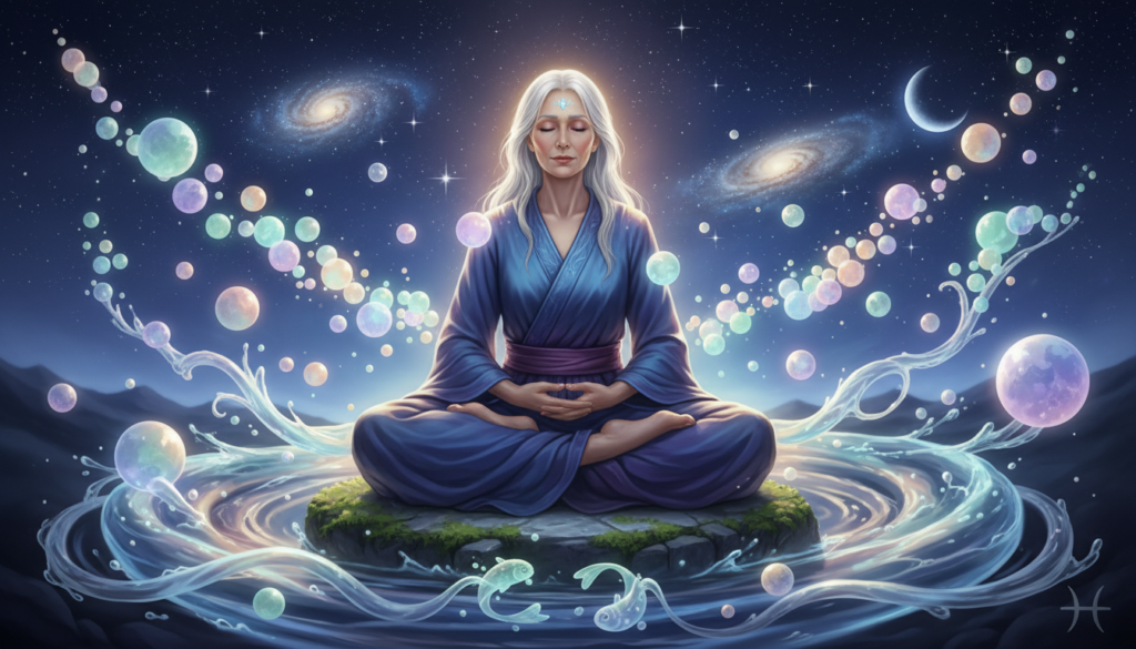 A serene and ethereal scene capturing the essence of intuition. In the foreground, a wise figure with gentle features, dressed in flowing robes, sits in a meditative pose, their eyes closed in deep contemplation. Surrounding them, shimmering orbs of light symbolize insights and intuitive thoughts, radiating soft glows in various pastel colors. The middle ground features swirling wisps of translucent water, invoking the fluidity of emotions and creativity, reflecting a myriad of colors. The background showcases a tranquil night sky filled with twinkling stars, creating a cosmic atmosphere of interconnectedness. The lighting is soft and warm, casting a peaceful ambiance, inviting viewers into a moment of introspection and spiritual awakening. The overall mood is calm, uplifting, and mysterious, embodying the strengths of Pisces in healing karma through intuition, compassion, and creativity.