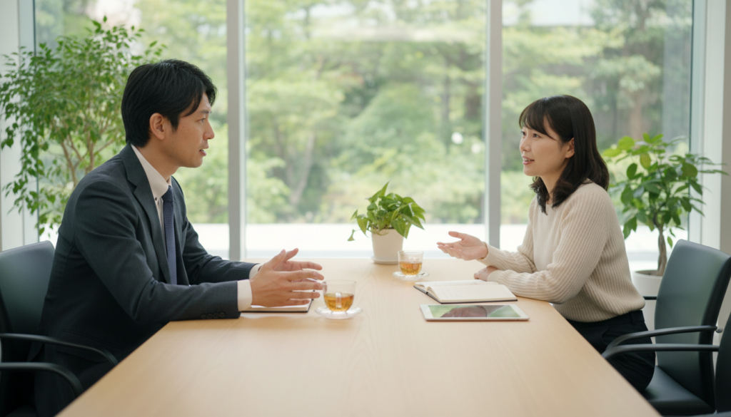 A serene and focused setting depicting an effective communication scenario with a Virgo personality during a discussion. In the foreground, a well-dressed man in business attire, with an open posture, is actively listening and engaging with a thoughtful expression. In the middle, a woman dressed in smart casual clothing is speaking earnestly, displaying calm confidence and empathy. The background features a softly lit conference room with large windows, allowing natural light to filter in, enhancing the harmonious atmosphere. Gentle greenery can be seen outside, contributing to a peaceful vibe. The camera angle should be slightly elevated, capturing both participants strategically, highlighting their connection and the constructive nature of the conversation. Overall, the image should evoke a sense of collaboration and understanding, embodying a professional and respectful discussion environment.