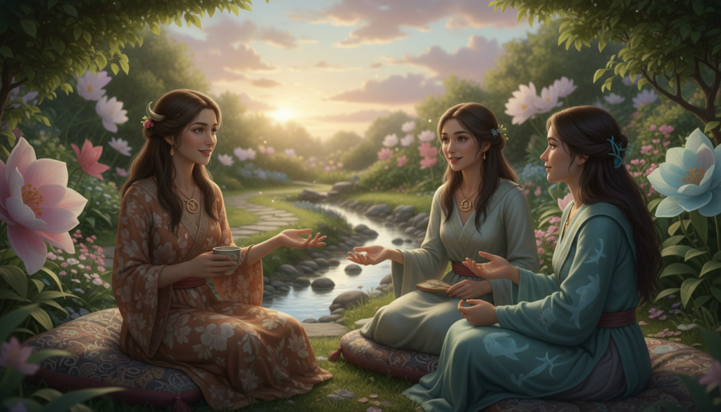 A serene and harmonious depiction of the less intense zodiac signs: Taurus, Libra, and Pisces sitting together in a tranquil garden. In the foreground, the characters are engaging in a comforting conversation, dressed in modest and colorful attire, portraying calmness and understanding. In the middle ground, lush greenery and blooming flowers illustrate the peaceful atmosphere, while a gentle stream flows nearby, adding to the serene setting. The background showcases a soft sunset, with warm golden hues casting a gentle light over the scene, enhancing the mood of tranquility and cooperation. The image should evoke feelings of calmness, connection, and a lack of drama, ideal for exploring the idea of avoiding conflicts among the zodiac. A serene and harmonious depiction of the less intense zodiac signs: Taurus, Libra, and Pisces sitting together in a tranquil garden. In the foreground, the characters are engaging in a comforting conversation, dressed in modest and colorful attire, portraying calmness and understanding. In the middle ground, lush greenery and blooming flowers illustrate the peaceful atmosphere, while a gentle stream flows nearby, adding to the serene setting. The background showcases a soft sunset, with warm golden hues casting a gentle light over the scene, enhancing the mood of tranquility and cooperation. The image should evoke feelings of calmness, connection, and a lack of drama, ideal for exploring the idea of avoiding conflicts among the zodiac.