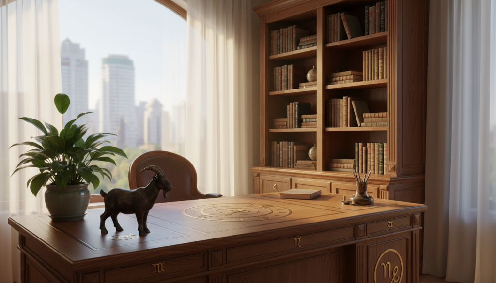 A serene and harmonious office space symbolizing stability and success, featuring a sturdy wooden desk adorned with astrological signs representing compatibility, especially Capricorn. In the foreground, a Capricorn figurine is placed next to a potted plant, symbolizing growth and nurturing. The middle ground presents a well-organized bookshelf filled with books on astrology and self-improvement, and a warm, inviting window allowing soft, golden daylight to filter through, casting gentle shadows. The background displays a peaceful cityscape, signifying aspirations and achievement. The atmosphere is tranquil yet motivating, encouraging focus and balance. Use a bright and soft lighting setup, with a slightly blurred background to keep attention on the office space.