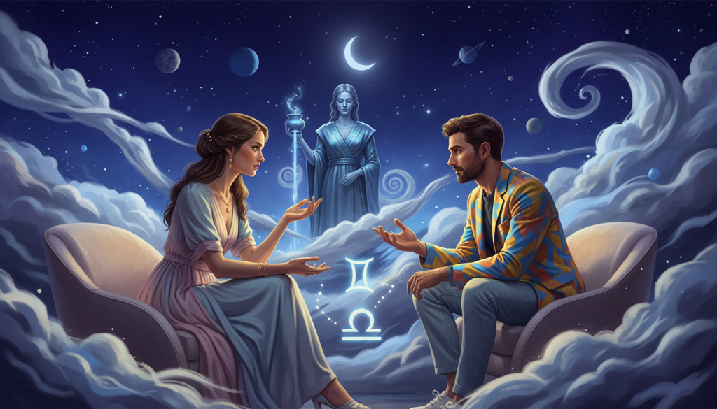 A serene and harmonious scene depicting the astrological compatibility of Libra with its air sign counterparts, Gemini and Aquarius. In the foreground, two elegantly dressed individuals, representing Libra and Gemini, engage in a deep, thoughtful conversation. Their attire reflects a modern, sophisticated style, with Libra wearing soft pastel colors and Gemini in vibrant hues. The middle ground features an abstract representation of air elements — swirling clouds and ethereal whirls symbolizing their intellectual connection. In the background, a dreamy, starry night sky infuses the atmosphere with a sense of wonder and intimacy. The lighting is soft and warm, creating a cozy ambiance. The composition should evoke feelings of passion, connection, and understanding between the signs while being artistically compelling.