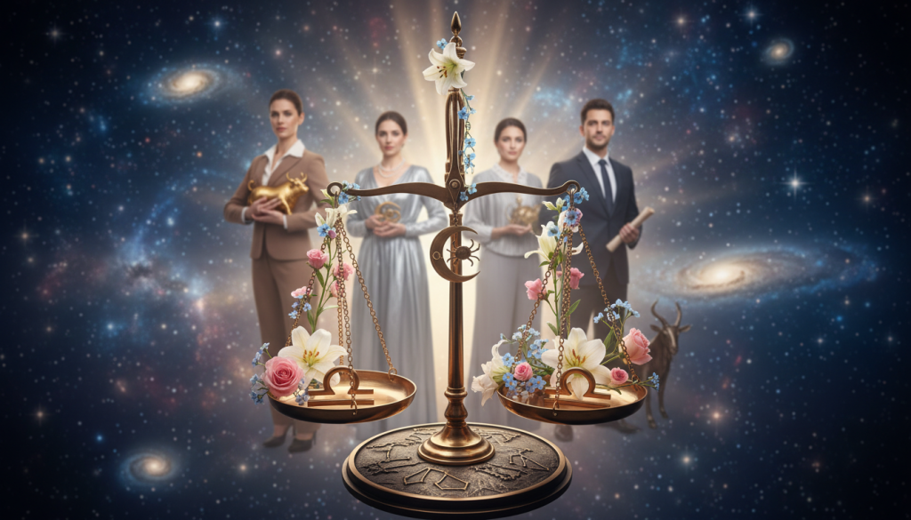 A serene and harmonious scene depicting the astrological sign of Libra in a professional and artistic manner. In the foreground, a beautifully balanced scale symbolizes fairness and equality, adorned with delicate Libra symbols intertwined with flowers. In the middle ground, three zodiac signs—Taurus, Cancer, and Capricorn—are represented as elegant figures in professional attire, showcasing positive traits of loyalty and devotion. The background features a celestial sky filled with stars and soft, glowing light to create an ethereal atmosphere, suggesting introspection and balance. The composition is framed with a subtle vignette effect, focusing the viewer's attention on the scales and zodiac representations. Use a soft focus lens with warm lighting to evoke a sense of tranquility and connection.