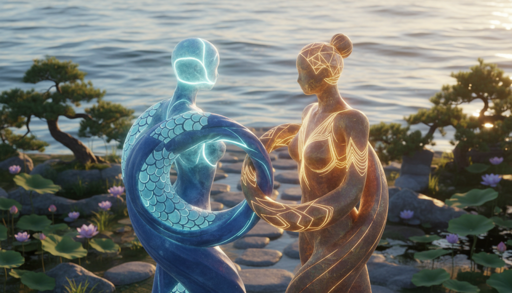 A serene and harmonious scene depicting the concept of "connection" between two abstract figures representing different zodiac signs. In the foreground, two gently intertwined forms, one fluid and water-themed, symbolizing Pisces, the other more angular and grounded, representing a complementary zodiac sign. The figures glow softly, radiating warm colors like blues and golds, symbolizing emotional depth and understanding. In the middle ground, a tranquil setting with a peaceful garden, bathed in soft, golden sunlight, enhancing a sense of intimacy and warmth. The background features gentle waves or flowing water, echoing the fluid nature of Pisces. The atmosphere is calm and inviting, conveying a sense of support, love, and compatibility in relationships, inspiring readers to seek harmony in their connections.