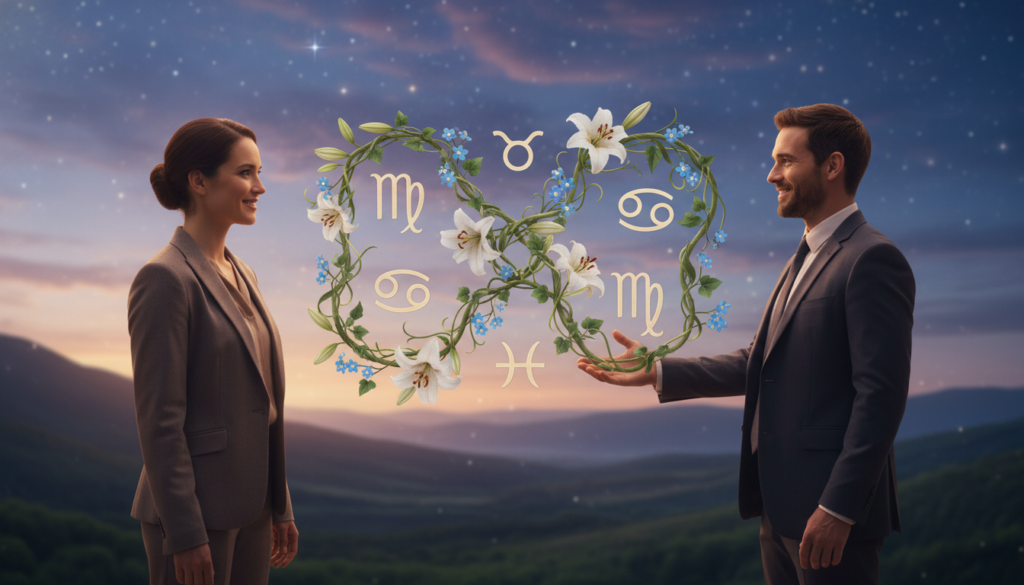 A serene and harmonious scene depicting the concept of zodiac compatibility, focusing on Virgo connections. In the foreground, two figures dressed in professional business attire—a Virgo individual alongside their compatible zodiac partner—smile at each other, showcasing trust and connection. The middle ground features stylized astrological symbols of Virgo and its compatible signs, gracefully intertwined with delicate floral motifs that symbolize stability and growth. The background is a soft, dreamy landscape with twinkling stars and a gentle twilight sky, suggesting a celestial atmosphere. The lighting is warm and inviting, creating a tranquil and uplifting mood. The angle is slightly elevated, capturing the intimacy of the moment while emphasizing the beauty of the zodiac elements in the scene.
