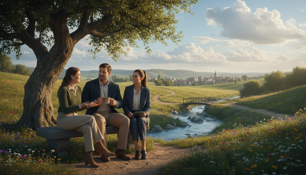A serene and harmonious scene depicting zodiac signs associated with Virgo's friendship compatibility. In the foreground, include artistic representations of Virgo, Taurus, and Capricorn as friendly, approachable figures engaged in conversation, all dressed in casual yet professional attire. The middle ground features a picturesque landscape, with lush greenery and a flowing stream, symbolizing the supportive connections between these signs. In the background, a bright blue sky with fluffy white clouds creates an uplifting atmosphere, bathed in soft, golden sunlight casting gentle shadows. The overall mood is one of warmth and camaraderie, reflecting the essence of friendship among these signs. The composition should be balanced, drawing the viewer's eye through the layers of the image.