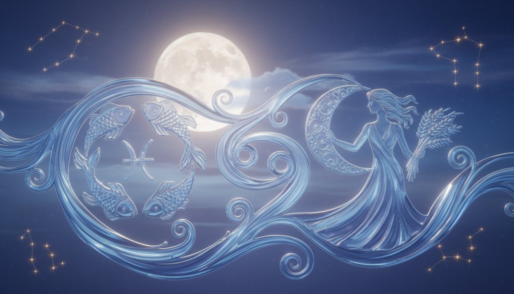 A serene and harmonious scene depicting zodiac symbols representing the most compatible signs with Scorpio—Pisces, Cancer, and Virgo. In the foreground, artistic interpretations of each zodiac sign are intertwined with soft, flowing water imagery, symbolizing emotional depth and connection. The middle ground features a tranquil moonlit night sky, enhancing the mystical atmosphere. In the background, subtle constellations glimmer gently, suggesting harmony among the signs. The scene is bathed in warm, inviting lighting, creating an ambience of peace and understanding. The composition should be shot from a slightly elevated angle, allowing the intricate details of the zodiac symbols and the flowing water to be clearly visible, evoking a sense of calm and unity.