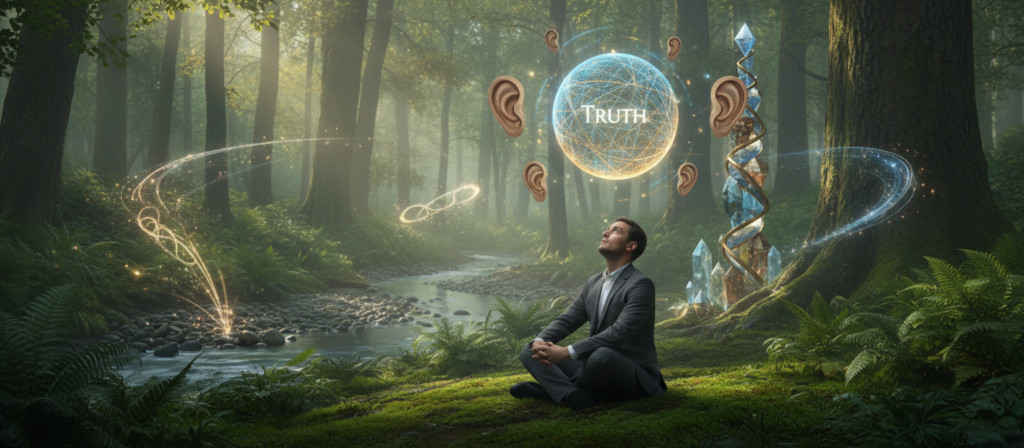 A serene and harmonious scene embodying the concepts of truth, listening, and coherence, set in a tranquil forest glade. In the foreground, a thoughtful individual in professional attire is seated cross-legged on a soft patch of grass, gazing upwards with an expression of calm contemplation. The middle ground showcases lush greenery with dappled sunlight filtering through the leaves, illuminating the subject with a warm, golden glow. In the background, a gentle stream flows, representing clarity and the flow of communication, while abstract shapes and symbols subtly integrated into the natural elements evoke the themes of destiny and karmic connections. The overall mood is peaceful and introspective, inviting viewers to appreciate the deeper truths and connections of life.