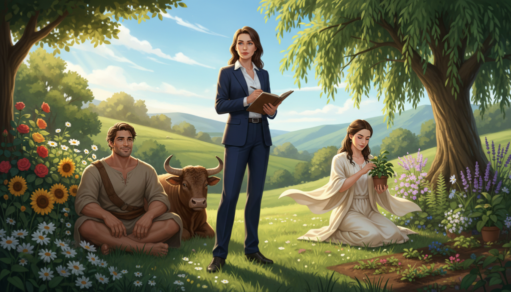 A serene and harmonious scene illustrating the compatibility between Capricorn and Earth signs, featuring symbolic representations of Taurus and Virgo. In the foreground, a poised Capricorn figure stands confidently, dressed in professional business attire, exuding determination. To the left, a robust Taurus figure with earthy tones, surrounded by lush green grass and overflowing flowers symbolizing stability and nurturing energy. To the right, a graceful Virgo figure in soft, flowing fabrics, portrayed amidst delicate plants and soft sunlight, representing attention to detail and organization. The background is a tranquil landscape depicting rolling hills and a clear blue sky, creating an atmosphere of unity and balance. The lighting is warm and inviting, with sunlight filtering through the trees, casting gentle shadows. The overall mood conveys harmony, love, and partnership among these Earth signs.