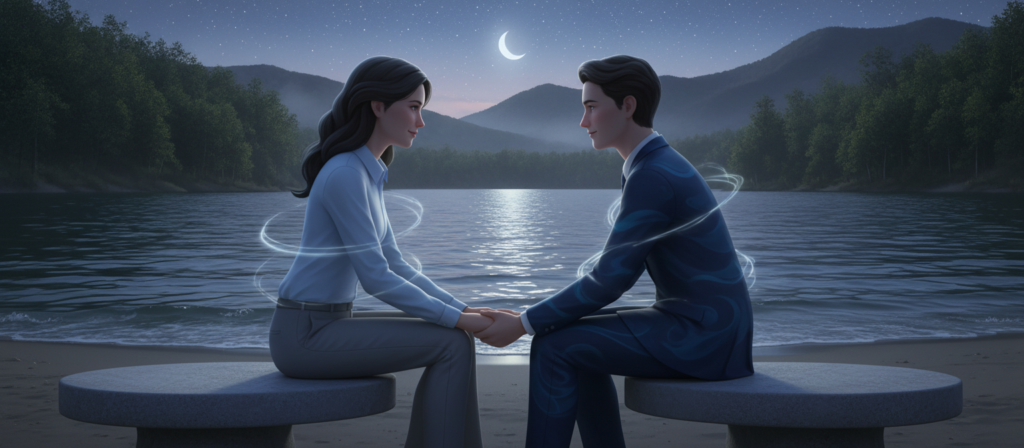 A serene and harmonious scene reflecting the emotional depth of water signs, featuring two abstract figures representing Gemini and water signs in business casual attire, sharing a quiet moment by a tranquil lake. In the foreground, the figures engage in a thoughtful conversation, their expressions revealing trust and intimacy. In the middle ground, gentle waves lap at the shore, with reflections of the moonlight creating a soft glow on the water. The background consists of lush greenery and soft, hazy mountains under a twilight sky filled with stars, conveying a mood of tranquility and connection. The lighting is soft and diffused, reminiscent of dusk, enhancing the atmosphere of emotional resonance and clear boundaries. Use a moderate perspective to evoke closeness and warmth.