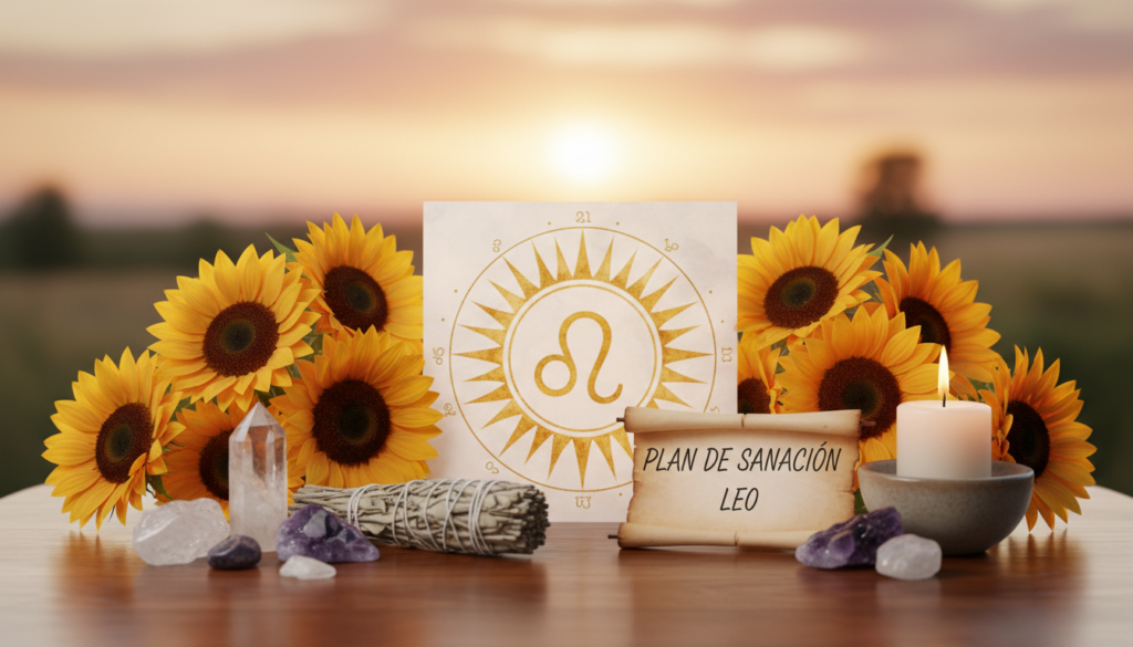 A serene and inspiring scene depicting a "Plan de sanación" for the Leo zodiac sign. In the foreground, an elegantly designed wooden table adorned with crystals, sage, and a burning candle, symbolizing spiritual cleansing. In the middle ground, a colorful astrological chart with the Leo symbol highlighted, surrounded by blooming sunflowers that radiate warmth and positivity. The background features a soft, illuminated sunset sky, casting a gentle golden glow that enhances the atmosphere of healing and renewal. Use natural lighting to emphasize the tranquil ambiance, with a slightly blurred depth of field focusing on the table. The overall mood should convey hope, spiritual growth, and well-being, inviting viewers into a space of reflection and healing.