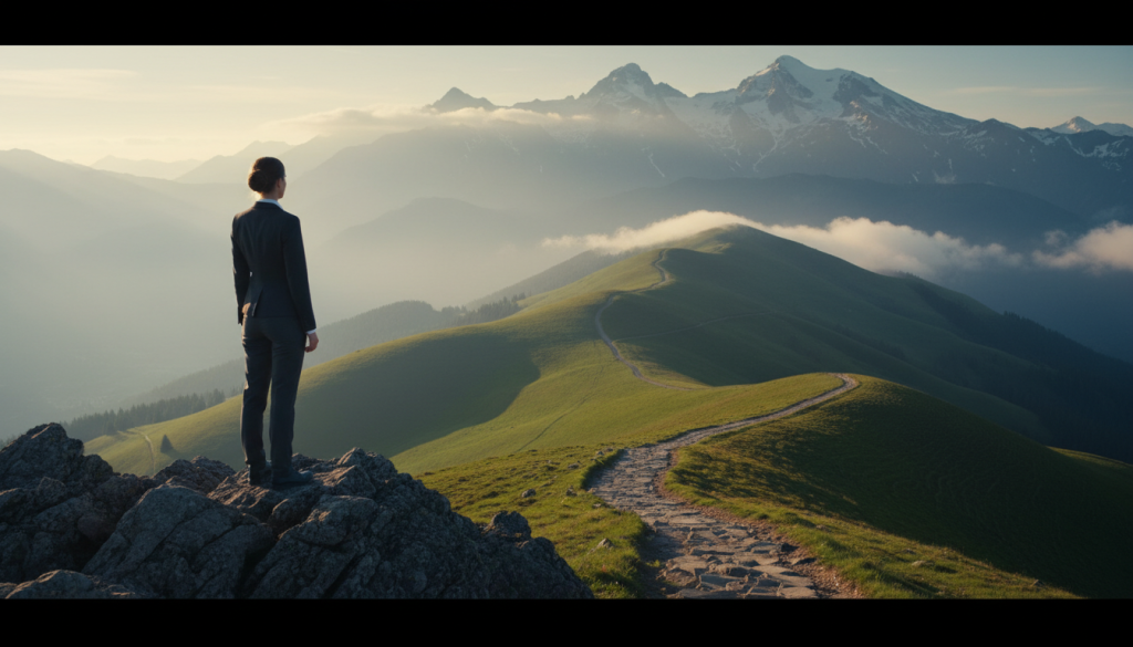 A serene and inspiring scene portraying the essence of Capricorn discipline and responsibility. In the foreground, a focused figure dressed in professional business attire stands on a rocky mountain peak, gazing out over a vast, misty landscape. The figure has a determined expression, symbolizing patience and perseverance. In the middle ground, a rugged path winds through lush green hills under a soft, golden sunset, representing the journey of spiritual learning. The background features majestic mountains, partly obscured by clouds, conveying both challenge and achievement. The lighting is warm and ethereal, casting gentle shadows, evoking a sense of introspection and growth. Overall, the atmosphere feels contemplative and empowering, aligning perfectly with the themes of karmic lessons and spiritual progress. A serene and inspiring scene portraying the essence of Capricorn discipline and responsibility. In the foreground, a focused figure dressed in professional business attire stands on a rocky mountain peak, gazing out over a vast, misty landscape. The figure has a determined expression, symbolizing patience and perseverance. In the middle ground, a rugged path winds through lush green hills under a soft, golden sunset, representing the journey of spiritual learning. The background features majestic mountains, partly obscured by clouds, conveying both challenge and achievement. The lighting is warm and ethereal, casting gentle shadows, evoking a sense of introspection and growth. Overall, the atmosphere feels contemplative and empowering, aligning perfectly with the themes of karmic lessons and spiritual progress.