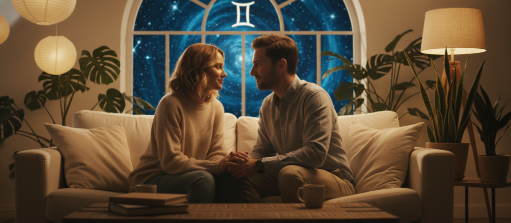 A serene and intimate atmosphere depicting two professional individuals, symbolizing the Gemini compatibility in relationships. In the foreground, a couple in modest casual clothing, seated closely together on a cozy sofa, engaged in a deep conversation. They exude warmth and connection, gazing into each other's eyes with smiles that convey passion and understanding. In the middle ground, a softly lit room accented with gentle plants and ambient light, fostering an inviting environment. The background features a softly blurred view of a starry night sky seen through a window, representing the astrological element of Gemini. The lighting is warm and soft, capturing the essence of intimacy, enhancing the mood of passion and connection without any distractions. The angle is slightly tilted to create a dynamic perspective.