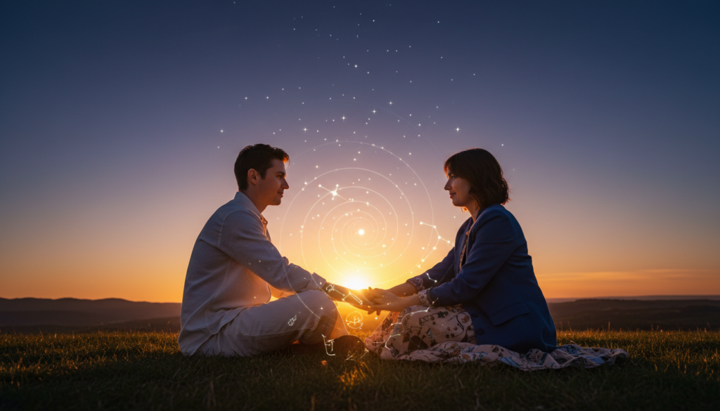 A serene and intimate scene capturing a soulmate connection, featuring two individuals sitting closely on a grassy hilltop at sunset, with warm golden light bathing them. The foreground shows their hands gently touching, symbolizing unity and connection, adorned with zodiac motifs subtly intertwined in the background. In the middle ground, a soft glimmer of stars begins to emerge, representing the cosmic bond between soulmates. The background showcases a breathtaking sky transitioning from orange to deep blue, evoking a sense of tranquility and love. The atmosphere is warm and inviting, emphasizing the deep emotional connection between the two figures, who are dressed in modest, stylish clothing, reflecting their unique personalities. The composition should evoke feelings of love, harmony, and spiritual connection, with a focus on the essence of true companionship.