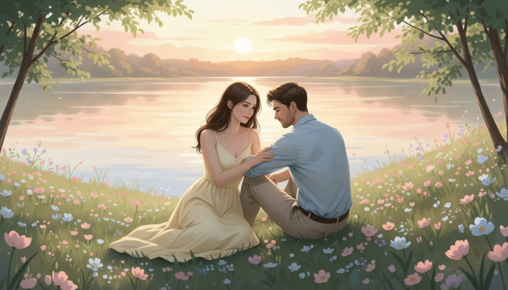 A serene and intimate scene depicting emotional care between two figures, embodying the connection between Virgo and Cancer. In the foreground, a man and woman sit closely together on a grassy hill, surrounded by soft pastel wildflowers. The woman, wearing a modest sundress, gazes tenderly at the man, who is dressed in smart casual attire. Their body language radiates warmth and tenderness, conveying a deep emotional bond. In the middle background, a tranquil lake reflects the soft hues of a sunset, enhancing the calming atmosphere. Gentle light filters through the trees, casting soft shadows. The overall mood is peaceful and nurturing, emphasizing the themes of emotional care and sensitivity. The scene should resonate with an air of softness and intimacy without any explicit elements or distractions.