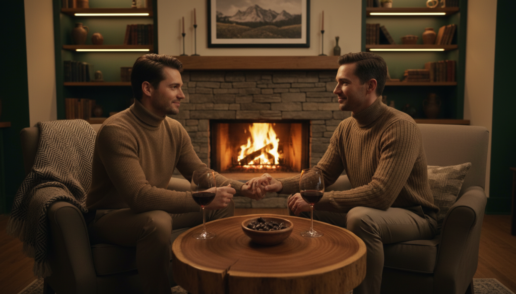 A serene and intimate scene depicting the essence of Capricorn love. In the foreground, a couple in tasteful, modest clothing shares a genuine moment of connection, gazing into each other's eyes with warmth and affection. The couple is situated in a softly lit, cozy room adorned with earthy tones and subtle decorations that evoke stability and comfort. In the middle ground, a beautifully crafted wooden table holds two glasses of wine, symbolizing romantic moments together. The background features a softly glowing fireplace, casting flickering shadows that enhance the intimate atmosphere. The overall lighting is warm and inviting, creating a sense of passion and emotional depth. The camera angle is slightly elevated, capturing the couple's expressions and the cozy ambiance, emphasizing the themes of attraction and connection.