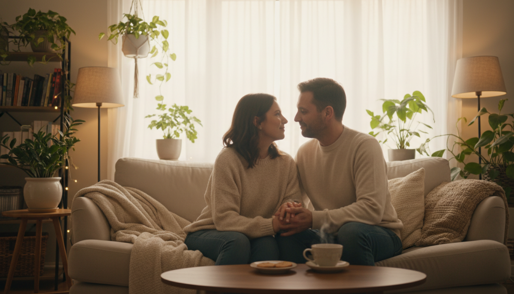 A serene and intimate setting depicting emotional connection, stability, and security. In the foreground, a couple is seated on a soft, plush sofa, dressed in modest casual clothing, gazing into each other’s eyes with warmth and tenderness. The middle ground features a cozy living room filled with plants and soft lighting that creates an inviting atmosphere. A small coffee table with a steaming cup of tea symbolizes comfort and shared moments. The background showcases a beautifully lit window with sheer curtains, allowing gentle sunlight to filter in, enhancing the mood of tranquility and love. The image should evoke a sense of harmony and emotional depth, captured with a soft focus and warm color tones, conveying a nurturing and peaceful ambiance.
