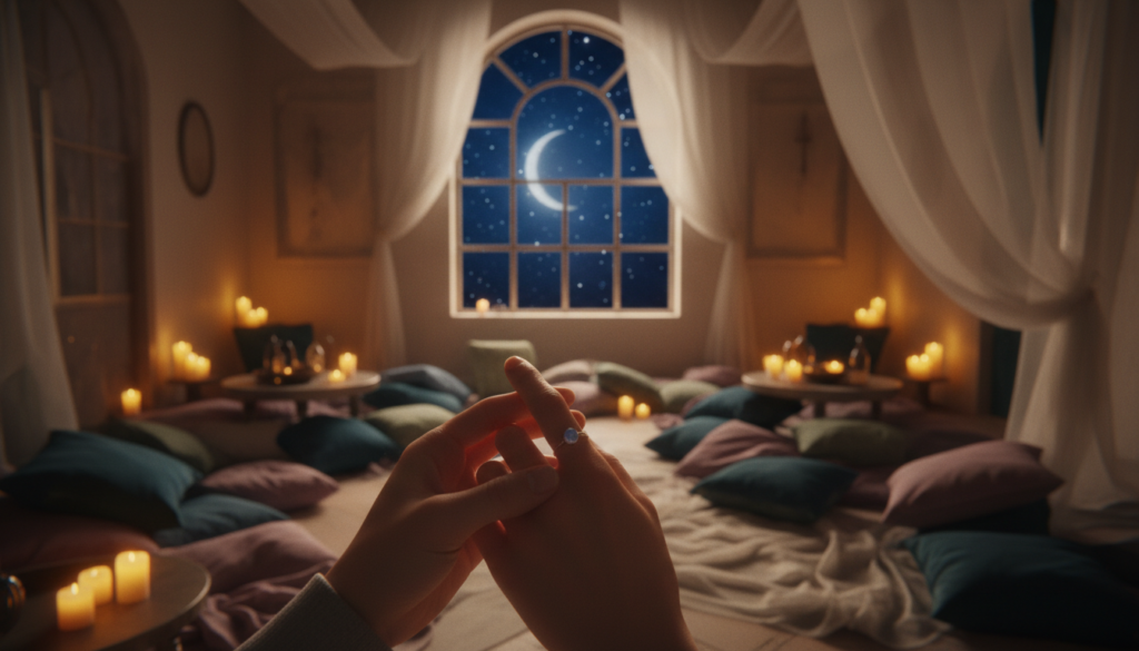 A serene and intimate setting showcasing the theme of "connection." In the foreground, a pair of hands gently intertwined, displaying a sense of unity and understanding. In the middle, a softly lit, warm-colored room filled with plush cushions and flowing fabrics, creating an inviting atmosphere. Subtle candlelight casts a warm glow, highlighting the textures of the materials and adding to the romantic ambiance. In the background, a suggestion of twinkling stars visible through a large window, evoking a sense of wonder and connection to the universe. The overall mood is passionate yet tranquil, embodying the deep emotional and sexual compatibility associated with Pisces. The image should be captured with a soft focus lens, emphasizing warmth and intimacy without any text or distractions.