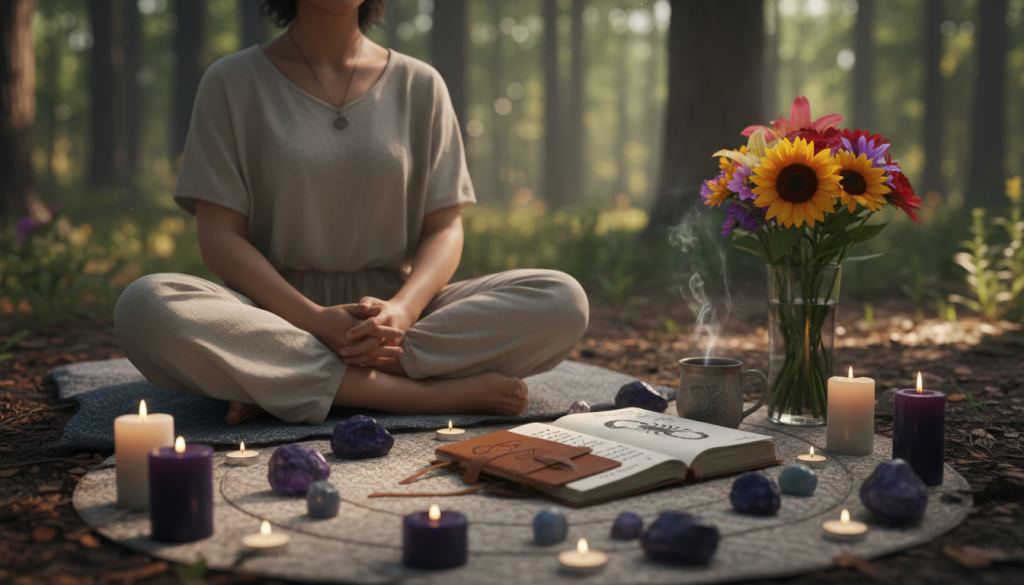 A serene and introspective scene depicting a Scorpio individual engaged in healing practices after a breakup. In the foreground, a focused figure, dressed in modest casual clothing, sits cross-legged on a soft mat, surrounded by candles and crystals, embodying calmness and determination. The middle ground reveals an assortment of meaningful objects: a journal open with sketches of a scorpion and reflections, a steaming cup of herbal tea, and vibrant flowers symbolizing rebirth. In the background, a tranquil nature setting with gentle sunlight filtering through tree branches creates a warm, inviting atmosphere. The overall mood is one of healing and resilience, emphasizing personal growth and emotional transformation. Use soft, natural lighting to enhance the peaceful ambiance, with a slightly blurred depth of field to keep the focus on the foreground figure. A serene and introspective scene depicting a Scorpio individual engaged in healing practices after a breakup. In the foreground, a focused figure, dressed in modest casual clothing, sits cross-legged on a soft mat, surrounded by candles and crystals, embodying calmness and determination. The middle ground reveals an assortment of meaningful objects: a journal open with sketches of a scorpion and reflections, a steaming cup of herbal tea, and vibrant flowers symbolizing rebirth. In the background, a tranquil nature setting with gentle sunlight filtering through tree branches creates a warm, inviting atmosphere. The overall mood is one of healing and resilience, emphasizing personal growth and emotional transformation. Use soft, natural lighting to enhance the peaceful ambiance, with a slightly blurred depth of field to keep the focus on the foreground figure.