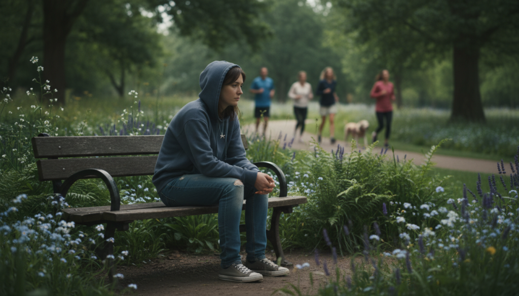 A serene and introspective scene depicting the emotional struggles of a Pisces individual after a breakup. In the foreground, a person in modest casual clothing sits alone on a park bench, gazing pensively into the distance. Their body language reflects a sense of vulnerability, with slumped shoulders and a thoughtful expression. Surrounding them, the middle layer consists of lush greenery and soft flowers, symbolizing healing yet hinting at isolation. In the background, a blurred image of distant figures engaging in joyful activities illustrates the world moving on. The soft, natural lighting captures the melancholy mood of the scene, with dappled sunlight filtering through the trees, creating a calm yet poignant atmosphere. A shallow depth of field focuses on the solitary figure, emphasizing their emotional state amidst the thriving park. A serene and introspective scene depicting the emotional struggles of a Pisces individual after a breakup. In the foreground, a person in modest casual clothing sits alone on a park bench, gazing pensively into the distance. Their body language reflects a sense of vulnerability, with slumped shoulders and a thoughtful expression. Surrounding them, the middle layer consists of lush greenery and soft flowers, symbolizing healing yet hinting at isolation. In the background, a blurred image of distant figures engaging in joyful activities illustrates the world moving on. The soft, natural lighting captures the melancholy mood of the scene, with dappled sunlight filtering through the trees, creating a calm yet poignant atmosphere. A shallow depth of field focuses on the solitary figure, emphasizing their emotional state amidst the thriving park.