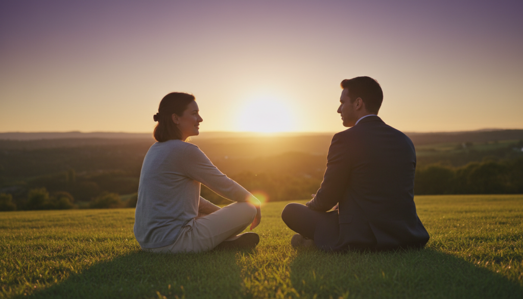 A serene and introspective scene depicting two individuals engaged in deep conversation, representing the theme of karmic relationships. In the foreground, a woman in modest casual attire with a warm smile listens attentively to a man in professional business attire, as they sit on a lush grassy hill. In the middle ground, the sun sets, casting a golden glow and soft shadows, creating an intimate atmosphere. In the background, gentle rolling hills and a vibrant sky filled with purples and oranges evoke a sense of tranquility. The lighting is soft and warm, capturing the essence of connection and understanding. The overall mood is reflective and nurturing, emphasizing the balance of lessons, boundaries, and self-care in relationships.