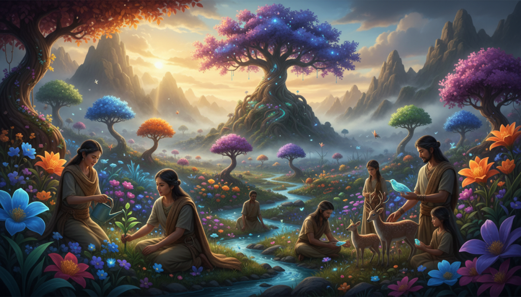 A serene and mystical landscape at dawn, embodying transformation and preservation of life. In the foreground, a diverse group of individuals dressed in modest, harmonious attire, symbolizing unity and resilience, are engaged in nurturing plants and wildlife. In the middle ground, vibrant flora and fauna flourish, creating a lush environment brimming with color and vitality. The background features majestic mountains shrouded in soft mist, with beams of golden sunlight breaking through, casting a warm glow over the scene. The atmosphere is peaceful and hopeful, emphasizing a sense of purpose and connection to nature. The composition should focus on the beauty of life in transition, highlighting the theme of transformation to preserve existence, evoking a spiritual and uplifting mood.