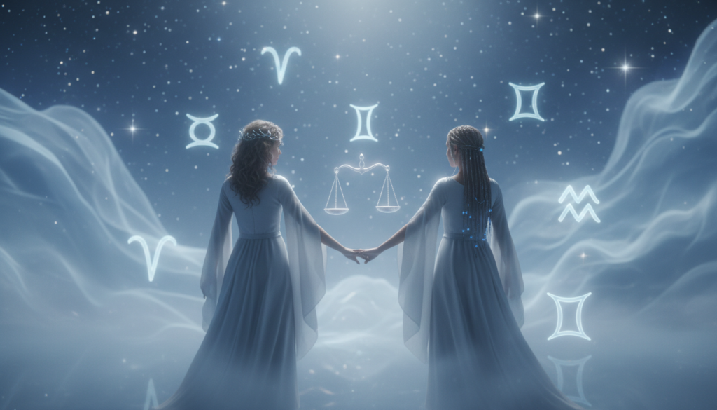 A serene and mystical scene depicting the concept of zodiac soulmates for Libra. In the foreground, two individuals embodying the Libra essence, wearing elegant, modest outfits, stand back-to-back with their hands delicately touching, symbolizing connection and balance. The middle ground features astrological symbols floating softly around them, highlighting the Libra sign alongside compatible zodiac signs like Gemini and Aquarius. The background showcases a dreamy night sky filled with twinkling stars and flowing clouds, casting soft, ethereal light on the scene. Utilize a soft focus lens to enhance the mood of harmony and tranquility, with a gentle blue and silver color palette to evoke a sense of peace and celestial wonder.