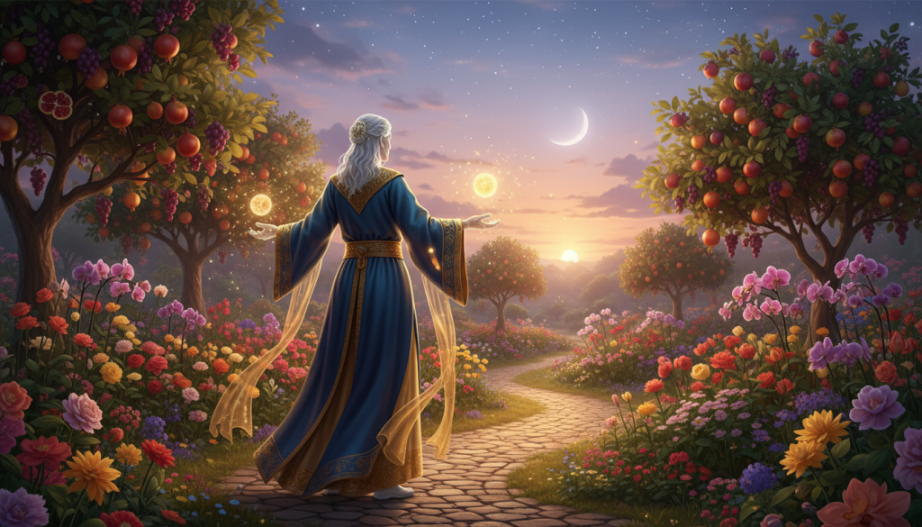 A serene and mystical scene representing "suerte," featuring a wise, ethereal figure in the foreground dressed in flowing robes of deep blue and gold, symbolizing wisdom and opportunity. The figure is surrounded by glowing orbs and subtle sparks of light, signifying luck and potential. In the middle ground, a lush garden blooms with vibrant flowers and fruit-bearing trees, representing abundance and growth. The background showcases a soft, twilight sky, with twinkling stars and a gentle crescent moon, creating a peaceful atmosphere. Warm, magical lighting casts a soft glow over the scene, enhancing its enchanting quality, inviting viewers to feel a sense of hope, serenity, and inner exploration. The composition is captured from a slightly elevated angle to encapsulate the beauty and depth within this harmonious space.