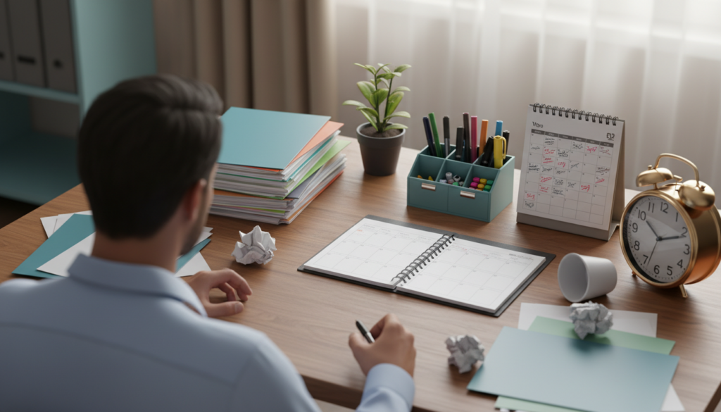 A serene and orderly workspace symbolizing the Virgo personality, showcasing a beautifully arranged desk with neat stacks of papers, a tidy planner, and a meticulously organized pen holder. In the foreground, a well-dressed individual with an expression of mild frustration, surrounded by scattered papers and a clock indicating unexpected changes in plans. The middle ground features a small potted plant, representing growth amidst chaos, and a calendar with erased dates. The background is softly blurred to keep the focus on the personal struggle with uncertainty and disorder. Soft, warm lighting creates a contemplative atmosphere, highlighting the contrast between the desire for order and the discomfort of change, filmed from a slightly elevated angle.