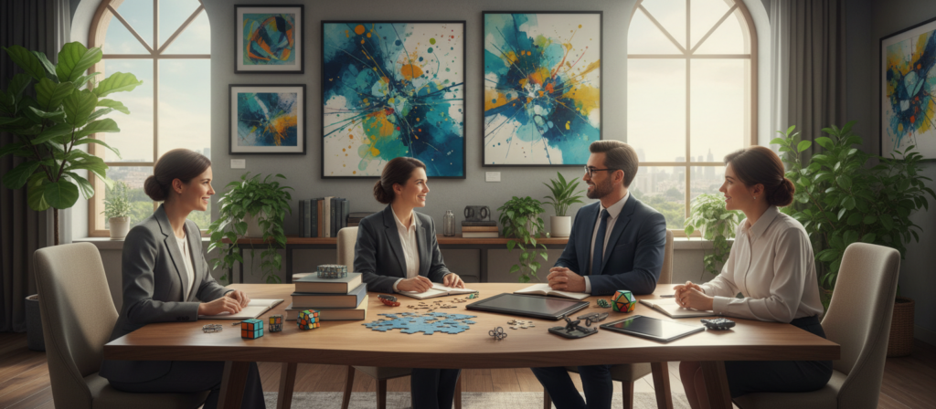 A serene and stimulating environment that reflects the concept of "daily mental stimulation". In the foreground, a diverse group of three people, dressed in professional business attire, engaged in a lively discussion, their expressions reflecting curiosity and enthusiasm. The middle ground features a large, modern wooden table filled with books, puzzles, and interactive learning tools, symbolizing learning and engagement. In the background, vibrant abstract art and plants create a warm, inviting atmosphere, suggesting creativity and freedom. Soft, natural light streams through large windows, highlighting the scene and creating a balanced, uplifting mood. The camera angle is slightly elevated, providing a clear view of the interaction without intruding on their private discussion.