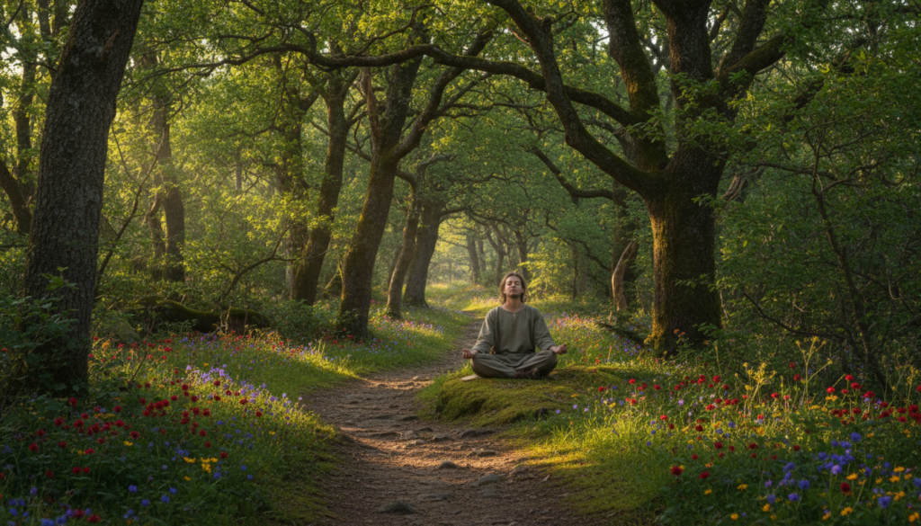 A serene camino winding through a lush forest, dappled sunlight filtering through the leaves, casting gentle shadows on the earth. In the foreground, a winding path with vibrant wildflowers lining the edges, symbolizing health and vitality. The middle ground features a meditative figure, dressed in modest casual clothing, sitting cross-legged on the ground, eyes closed, embodying peace and balance. In the background, tall trees create a natural canopy, providing a sense of shelter and refuge. Soft, warm lighting enhances the tranquil atmosphere, evoking a feeling of spiritual integration. The angle captures a slightly elevated perspective, offering depth and inviting the viewer into this harmonious scene of body, mind, and emotional connection within nature. A serene camino winding through a lush forest, dappled sunlight filtering through the leaves, casting gentle shadows on the earth. In the foreground, a winding path with vibrant wildflowers lining the edges, symbolizing health and vitality. The middle ground features a meditative figure, dressed in modest casual clothing, sitting cross-legged on the ground, eyes closed, embodying peace and balance. In the background, tall trees create a natural canopy, providing a sense of shelter and refuge. Soft, warm lighting enhances the tranquil atmosphere, evoking a feeling of spiritual integration. The angle captures a slightly elevated perspective, offering depth and inviting the viewer into this harmonious scene of body, mind, and emotional connection within nature.