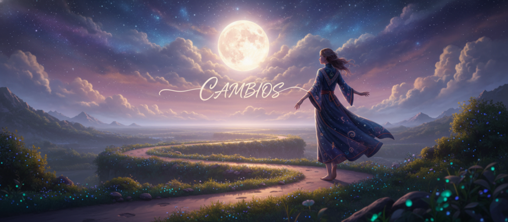 A serene, celestial landscape representing the concept of "cambios" (changes). In the foreground, a winding path leads through lush greenery, symbolizing the journey of life, with footsteps partially obscured by soft, glowing light. In the middle ground, an ethereal figure dressed in a flowing, beautifully patterned robe stands poised, gazing towards the horizon. Their expression is one of determination and hope, embodying the essence of movement and constancy. The background features a vast, starry sky, with a radiant full moon and wisps of colorful clouds, casting a tranquil glow. The lighting is soft yet vibrant, creating a dreamlike atmosphere. The angle is slightly elevated to capture the depth of the landscape, emphasizing both the path and the figure, inviting the viewer to reflect on the journey of change.
