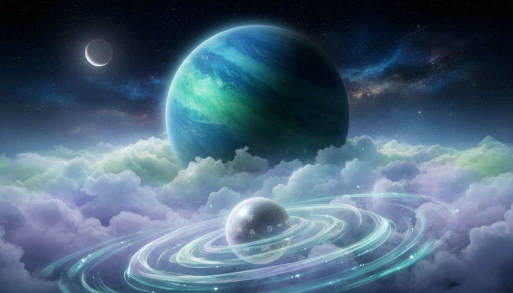 A serene celestial scene depicting Neptune, the ruling planet of Pisces, with vibrant blues and ethereal greens. In the foreground, an intricately designed planet symbolizing intuition, surrounded by gentle waves of cosmic energy. The middle ground features soft, flowing clouds reflecting the dreamlike essence of the subtle worlds, illuminated by a soft moonlight glow. Stars twinkle in the background, creating a mystical atmosphere. The lighting is soft and mystical, casting a tranquil ambiance, while a wide-angle lens captures the grandeur and depth of the cosmic landscape. This image embodies intuition, connection to past lives, and the mysteries of the universe, inviting the viewer into a space of reflection and depth.