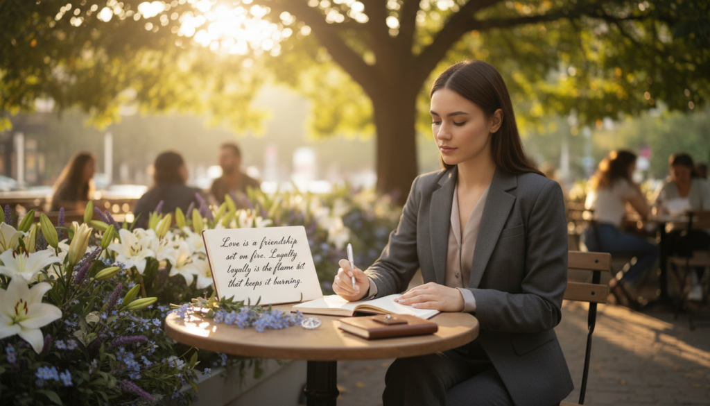 A serene composition showcasing the essence of Virgos, embodying love, loyalty, and friendship. In the foreground, a thoughtful Virgo, a young adult dressed in professional business attire, sits at a cozy café table, surrounded by blooming flowers symbolizing their nurturing nature. In the middle ground, soft warm light filters through the leaves of a nearby tree, creating dappled light patterns. A beautiful handwritten quote about friendship and loyalty is elegantly displayed on an open notebook beside the Virgo, adding a touch of personal reflection. The background features a softly blurred café setting with cheerful patrons, enhancing the warm atmosphere. Use a soft focus lens to evoke a dreamy mood, with a shallow depth of field to bring attention to the Virgo and their surroundings.
