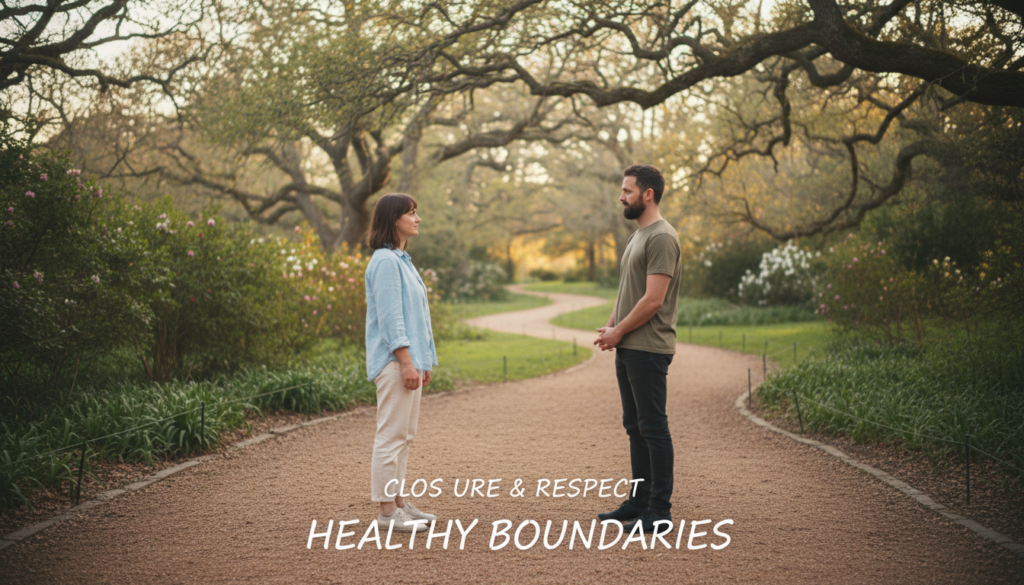 A serene, contemplative scene depicting two individuals standing at a respectful distance on a park pathway, both dressed in modest casual clothing. In the foreground, the two figures gaze thoughtfully towards each other, maintaining an atmosphere of calm reflection rather than conflict. The middle ground features gentle, lush greenery and a hint of a winding path that symbolizes moving forward. In the background, soft, diffused sunlight filters through tree leaves, creating a warm, inviting ambiance. The mood conveys a sense of closure and healthy boundaries, emphasizing communication without tension. Capture this moment using a wide-angle perspective to enhance the depth, with a soft-focus on the figures, creating an emotional yet peaceful atmosphere that embodies the theme of setting limits with an ex. A serene, contemplative scene depicting two individuals standing at a respectful distance on a park pathway, both dressed in modest casual clothing. In the foreground, the two figures gaze thoughtfully towards each other, maintaining an atmosphere of calm reflection rather than conflict. The middle ground features gentle, lush greenery and a hint of a winding path that symbolizes moving forward. In the background, soft, diffused sunlight filters through tree leaves, creating a warm, inviting ambiance. The mood conveys a sense of closure and healthy boundaries, emphasizing communication without tension. Capture this moment using a wide-angle perspective to enhance the depth, with a soft-focus on the figures, creating an emotional yet peaceful atmosphere that embodies the theme of setting limits with an ex.