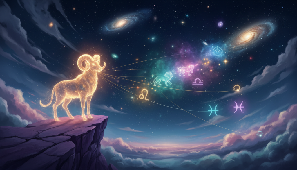 A serene cosmic landscape depicting the zodiac sign Aries, symbolized by a glowing ram, surrounded by ethereal connections of light that represent karmic compatibilities. In the foreground, the ram stands confidently on a cliff, gazing towards the horizon, where soft nebulas and constellations intertwine with luminous lines representing deep connections. In the middle ground, other astrological symbols softly merge with Aries, showcasing harmonious colors of gold, violet, and turquoise. The background features a starry night sky filled with vibrant galaxies, surrounded by gentle cosmic clouds, creating a sense of destiny and exploration. Soft, ambient lighting bathes the scene, evoking feelings of tranquility and mystical intrigue. The angle is slightly elevated, offering a panoramic view of this celestial interplay, inviting viewers to reflect on their own journeys and lessons within the cosmos.