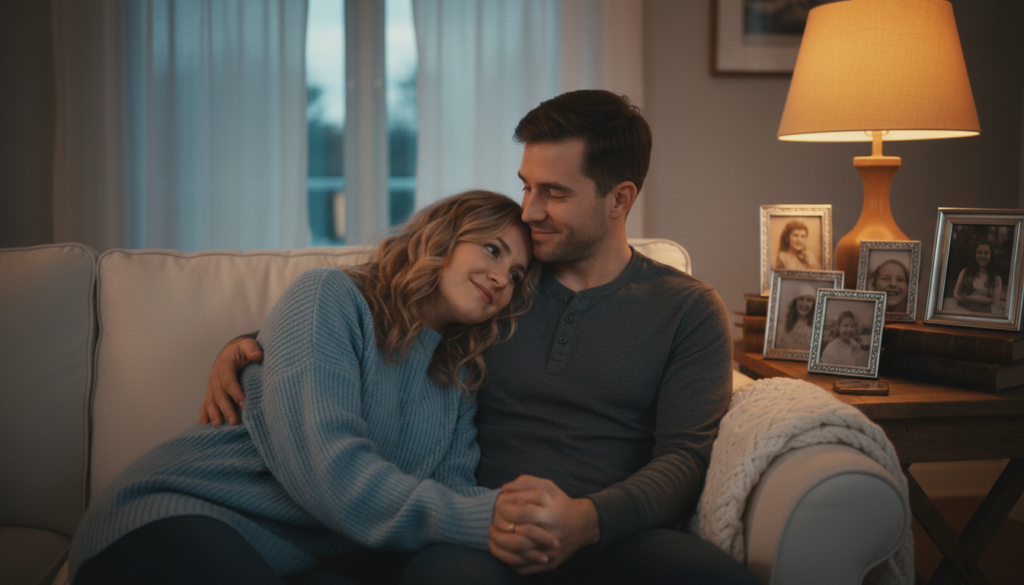 A serene, cozy scene depicting the intimate connection between Pisces and Cancer. In the foreground, a couple sits together on a plush sofa adorned with soft cushions, their expressions filled with tenderness and understanding. They are dressed in comfortable, modest clothing, creating a warm and inviting atmosphere. In the middle ground, a softly glowing lamp casts a gentle light, accentuating a collection of sentimental items like framed photographs and books, symbolizing emotional depth and shared experiences. The background features a window with light drapery, through which light filters in, hinting at a tranquil evening outside. The overall mood is one of warmth, intimacy, and emotional security, evoking the essence of a loving home. Use soft, warm colors and a gentle focus to enhance the comforting atmosphere. A serene, cozy scene depicting the intimate connection between Pisces and Cancer. In the foreground, a couple sits together on a plush sofa adorned with soft cushions, their expressions filled with tenderness and understanding. They are dressed in comfortable, modest clothing, creating a warm and inviting atmosphere. In the middle ground, a softly glowing lamp casts a gentle light, accentuating a collection of sentimental items like framed photographs and books, symbolizing emotional depth and shared experiences. The background features a window with light drapery, through which light filters in, hinting at a tranquil evening outside. The overall mood is one of warmth, intimacy, and emotional security, evoking the essence of a loving home. Use soft, warm colors and a gentle focus to enhance the comforting atmosphere.