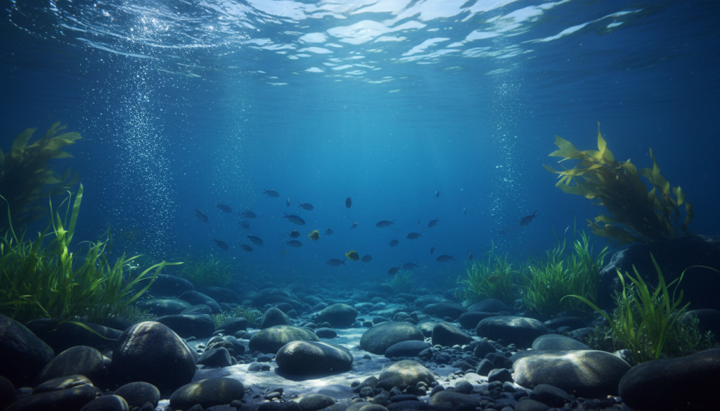 A serene, deep blue underwater scene, capturing the essence of water energy. In the foreground, gentle waves ripple over a smooth stone surface, illuminated by soft, diffused sunlight filtering through the water. Delicate aquatic plants sway gently, their vibrant greens contrasting beautifully with the rich blue hues. In the middle ground, silhouettes of small fish dart playfully, embodying movement and emotion, while bubbles rise towards the surface. The background showcases a gradient of darker blue tones, evoking depth and mystery. The atmosphere is tranquil yet intense, symbolizing the emotional depth characteristic of Scorpio. The overall lighting is ethereal, conveying a sense of calm power, with a slight shimmer enhancing the water's allure. The image is composed from a low angle, inviting viewers to immerse themselves in this aquatic realm.