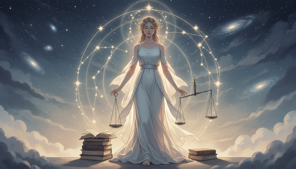 A serene depiction of the Virgo zodiac sign, featuring an ethereal celestial maiden with flowing garments, symbolizing purity and organization. In the foreground, the maiden stands calmly, surrounded by symbols of meticulousness such as books and scales, radiating a sense of calculated poise. The middle layer consists of a soft, glowing aura contrasted by delicate constellations, highlighting Virgo's analytical nature. In the background, a tranquil night sky filled with twinkling stars creates a harmonious atmosphere, embodying introspection and subtle strength. The lighting is soft and warm, enhancing the reflectiveness of the scene, as if a gentle moonlight bathes the figure in a calm, inviting glow. The overall mood is peaceful yet focused, capturing the essence of Virgo's methodical beauty. A serene depiction of the Virgo zodiac sign, featuring an ethereal celestial maiden with flowing garments, symbolizing purity and organization. In the foreground, the maiden stands calmly, surrounded by symbols of meticulousness such as books and scales, radiating a sense of calculated poise. The middle layer consists of a soft, glowing aura contrasted by delicate constellations, highlighting Virgo's analytical nature. In the background, a tranquil night sky filled with twinkling stars creates a harmonious atmosphere, embodying introspection and subtle strength. The lighting is soft and warm, enhancing the reflectiveness of the scene, as if a gentle moonlight bathes the figure in a calm, inviting glow. The overall mood is peaceful yet focused, capturing the essence of Virgo's methodical beauty.