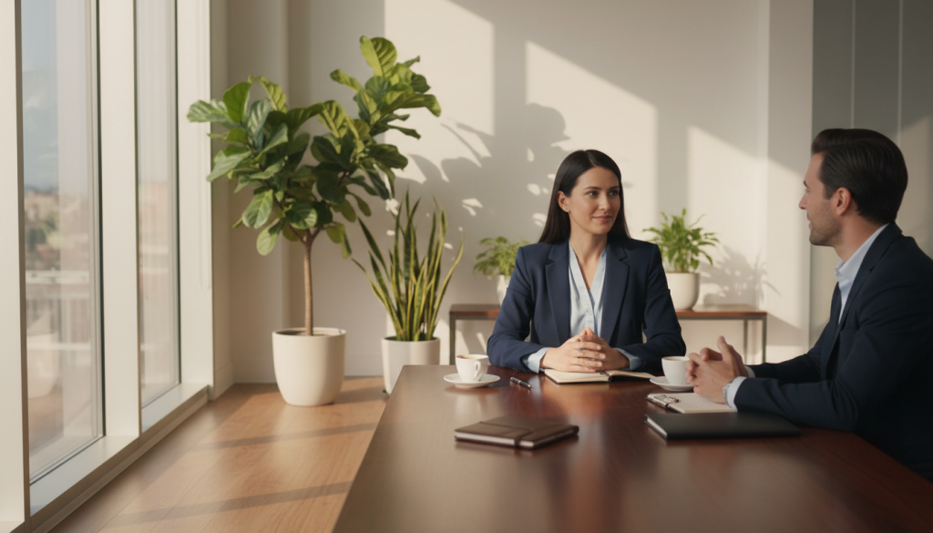 A serene, elegant office setting with large windows letting in warm, diffused sunlight. In the foreground, a professional woman in business attire, thoughtfully engaged in a conversation with a colleague, showcasing her diplomatic communication skills. Her expression is calm yet assertive, embodying the balance between honesty and tact. In the middle, a wooden table with notepads and pens, symbolizing collaboration and thoughtful dialogue. In the background, potted plants add a touch of nature, enhancing the harmonious atmosphere. The overall lighting is soft, casting gentle shadows that emphasize the seriousness yet warmth of their exchange. The scene captures the essence of Libra communication, focusing on diplomacy without sacrificing truth.