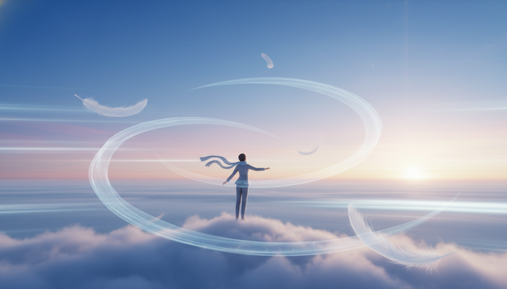 A serene, ethereal landscape embodying the air element and emotional balance. In the foreground, a gracefully poised figure in professional attire stands on a gently flowing cloud, surrounded by soft, luminescent wisps of air that represent tranquility and harmony. The middle ground features delicate floating feathers and wisps of fog, adding layers of depth and movement to the scene. In the background, a breathtaking sky transitions from vibrant blue to soft pastels, hinting at a dawn, symbolizing hope and new beginnings. The lighting is soft and diffused, creating a calming atmosphere that conveys a sense of introspection and balance. The overall mood is peaceful and uplifting, capturing the essence of forgiveness and emotional equilibrium. A serene, ethereal landscape embodying the air element and emotional balance. In the foreground, a gracefully poised figure in professional attire stands on a gently flowing cloud, surrounded by soft, luminescent wisps of air that represent tranquility and harmony. The middle ground features delicate floating feathers and wisps of fog, adding layers of depth and movement to the scene. In the background, a breathtaking sky transitions from vibrant blue to soft pastels, hinting at a dawn, symbolizing hope and new beginnings. The lighting is soft and diffused, creating a calming atmosphere that conveys a sense of introspection and balance. The overall mood is peaceful and uplifting, capturing the essence of forgiveness and emotional equilibrium.
