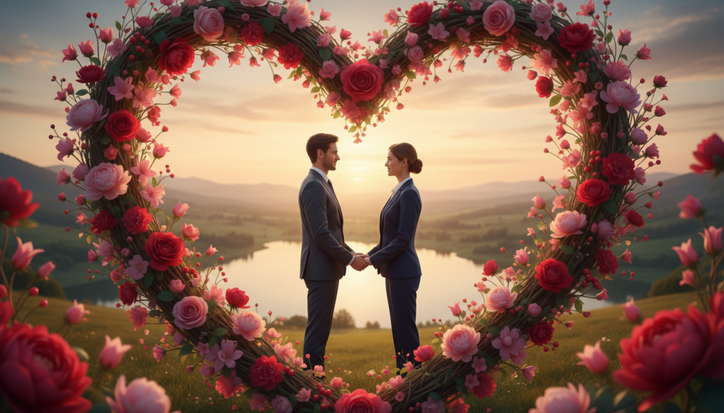 A serene, harmonious scene representing "amor" in a symbolic way. In the foreground, an elegantly designed heart made of intertwining vines and flowers, vivid colors of red and pink symbolizing passion and affection. In the middle ground, a couple standing together, dressed in professional business attire, embodying a balanced relationship. They are holding hands gently, smiling at each other, showcasing a sense of connection and understanding. In the background, a soft sunset casts a warm golden light over a peaceful landscape, enhancing the atmosphere of love and tranquility. The scene is framed from a slightly elevated angle, capturing both the couple and the heart as central elements, emphasizing a deep emotional bond amid a lush environment.