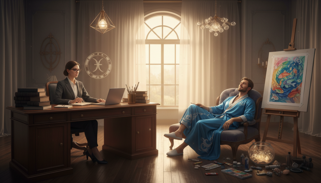 A serene indoor environment showcasing a striking contrast between the two zodiac signs Virgo and Pisces in a marital context. In the foreground, Virgo is depicted as a focused individual in professional business attire, surrounded by neatly organized objects like books and a planner, embodying a sense of order and practicality. In contrast, the middle foreground features Pisces, portrayed as a dreamy, expressive figure in light, flowing clothing, surrounded by whimsical items like watercolor paints and seashells, symbolizing emotional initiative. The background includes soft, warm lighting that blends the two spaces, creating a harmonious yet distinct atmosphere. The overall mood is contemplative, highlighting the balance of emotions and order in a marriage. Use a wide-angle lens for a sweeping view, emphasizing the dichotomy yet connection between the two signs.