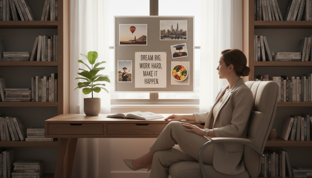 A serene, inspiring office space as the foreground, featuring a modern wooden desk with an open planner showcasing neatly written goals and a motivational quote. A well-dressed professional woman sits cross-legged in a comfortable chair, thoughtfully gazing at a vision board filled with images representing various goals, such as travel, fitness, and career achievements. In the middle, a soft sunlight filters through a large window, illuminating a small indoor plant and adding warmth to the scene, suggesting growth and balance. The background includes shelves filled with books about self-improvement and success, creating an atmosphere of focus and determination. The overall mood is one of contemplation and purpose, with a balanced composition emphasizing the connection between personal goals and the environment.