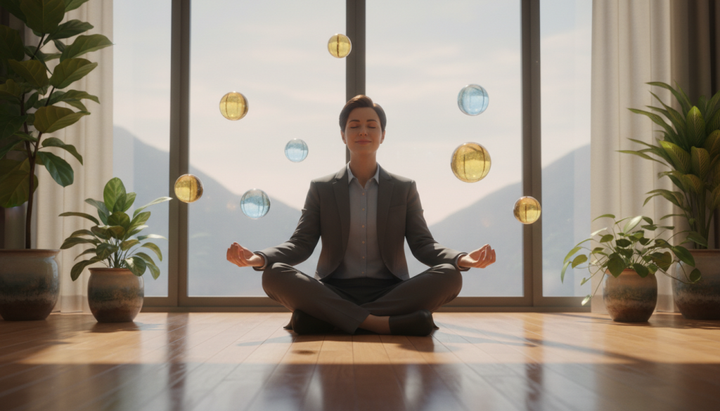 A serene interior scene illustrating "inner mastery," featuring a calm person seated cross-legged in a meditative pose, wearing professional business attire. The foreground showcases a beautifully detailed wooden floor and tranquil plants in ceramic pots. In the middle ground, soft sunlight streams through large, floor-to-ceiling windows, casting gentle shadows and creating a warm atmosphere. The person is surrounded by floating, translucent orbs of light, symbolizing spiritual growth and enlightenment. In the background, faint outlines of mountains can be seen, enhancing a sense of depth and tranquility. The overall mood is peaceful and introspective, emphasizing the journey towards personal mastery and inner strength. Use soft, diffused lighting to create a harmonious setting that inspires reflection and contemplation.