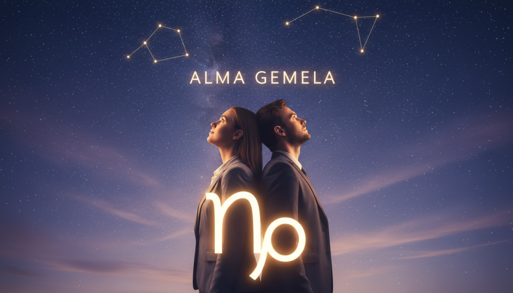 A serene, intimate scene depicting two individuals standing back to back under a starry night sky, representing the concept of "alma gemela." The foreground features a close-up of a glowing zodiac symbol for Capricorn, emanating a soft light that highlights their silhouettes, clad in professional business attire. In the middle ground, the couple gazes up at the constellations, their expressions reflecting curiosity and connection. The background showcases a gentle gradient of deep blues and purples, with twinkling stars and wispy clouds, creating a mystical atmosphere. The lighting is soft yet illuminating, casting a warm glow on their features to convey a sense of unity and destiny.