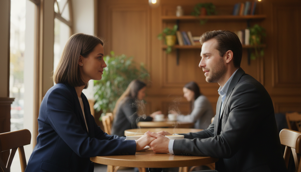 A serene, intimate scene of a couple sitting across from each other at a cozy café table, their expressions reflecting a mixture of vulnerability and hope. The foreground captures their hands gently touching, symbolizing a moment of connection and trust rebuilding. The middle section features the couple engaged in deep conversation, dressed in professional business attire, with soft lighting highlighting their faces, creating a warm atmosphere. In the background, a softly blurred view of the café with warm wood tones and potted plants adds a sense of tranquility. Natural light filters through large windows, casting a gentle glow over the scene, evoking a mood of reconciliation and understanding. The overall image should convey emotions of forgiveness and the importance of communication in a relationship. A serene, intimate scene of a couple sitting across from each other at a cozy café table, their expressions reflecting a mixture of vulnerability and hope. The foreground captures their hands gently touching, symbolizing a moment of connection and trust rebuilding. The middle section features the couple engaged in deep conversation, dressed in professional business attire, with soft lighting highlighting their faces, creating a warm atmosphere. In the background, a softly blurred view of the café with warm wood tones and potted plants adds a sense of tranquility. Natural light filters through large windows, casting a gentle glow over the scene, evoking a mood of reconciliation and understanding. The overall image should convey emotions of forgiveness and the importance of communication in a relationship.