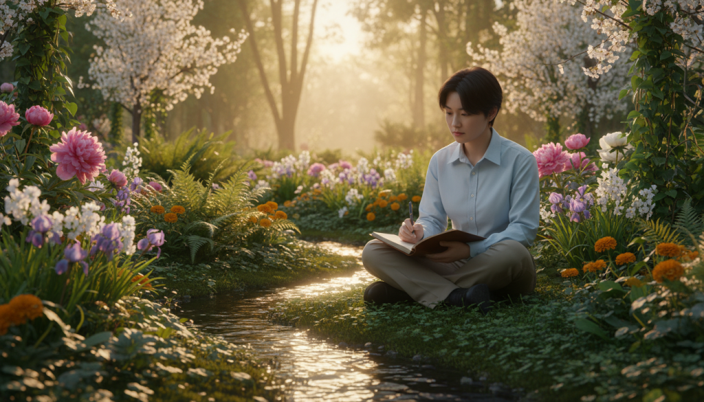 A serene, introspective scene depicting a person in a lush garden, symbolizing inner growth and transformation. In the foreground, a young adult of Asian descent sits cross-legged on a soft patch of grass, dressed in casual yet professional attire. They are journaling with a thoughtful expression, surrounded by blooming flowers and greenery, representing healing and new beginnings. The middle ground features a gentle stream flowing through the garden, reflecting sunlight that creates a warm, uplifting atmosphere. In the background, soft, blurred trees bathe in golden hour sunlight, creating a sense of tranquility and peace. The scene is illuminated with soft, natural lighting, enhancing the mood of reflection and personal development, with a focus on the harmonious balance between nature and the individual.