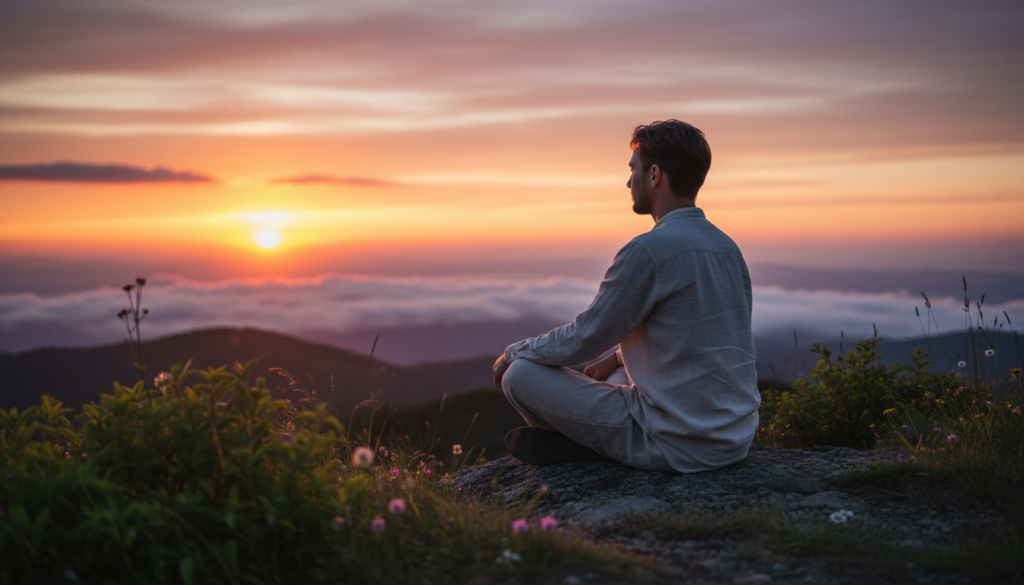 A serene, introspective scene depicting a person sitting cross-legged atop a mountain peak, gazing thoughtfully at a vibrant sunset filled with shades of orange, pink, and purple. In the foreground, the individual, dressed in comfortable, modest casual clothing, radiates tranquility and contemplation. Surrounding them, lush greenery and delicate wildflowers emphasize a connection to nature and inner peace. The middle ground features softly rolling hills, gently illuminated by warm, golden light, suggesting the idea of exploration and self-discovery. In the background, expansive clouds reflect the sunset's colors, enhancing the ethereal atmosphere. The overall mood conveys a sense of healing, imagination, and reinvention, captured with a slight depth of field effect to draw focus to the subject against the breathtaking landscape.