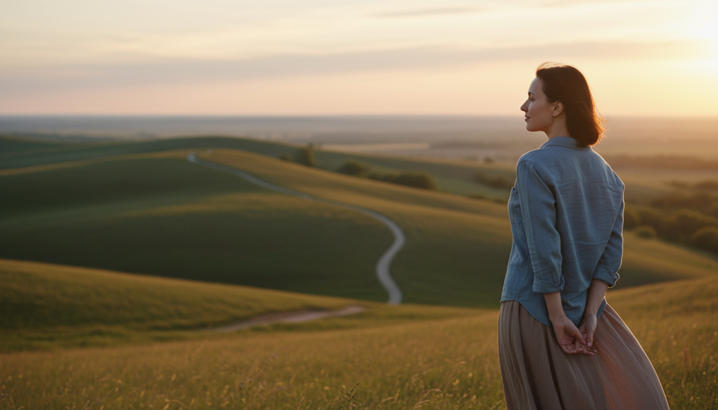 A serene, introspective scene depicting the concept of "distance" in emotional relationships. In the foreground, a woman in modest casual clothing stands alone, gazing out at an expansive landscape, representing her journey of self-discovery. Her expression is contemplative, capturing a mix of hope and resolve. In the middle ground, a winding path leads through gentle hills, symbolizing the challenges she faces as she navigates away from toxicity. The background features a soft sunset, bathing the sky in hues of orange and pink, evoking feelings of tranquility and renewal. The lighting is warm and inviting, with soft shadows creating depth. The scene is framed with a shallow depth of field, drawing focus to the woman while the landscape slightly blurs in the distance, emphasizing the theme of moving away from emotional entanglements. A serene, introspective scene depicting the concept of "distance" in emotional relationships. In the foreground, a woman in modest casual clothing stands alone, gazing out at an expansive landscape, representing her journey of self-discovery. Her expression is contemplative, capturing a mix of hope and resolve. In the middle ground, a winding path leads through gentle hills, symbolizing the challenges she faces as she navigates away from toxicity. The background features a soft sunset, bathing the sky in hues of orange and pink, evoking feelings of tranquility and renewal. The lighting is warm and inviting, with soft shadows creating depth. The scene is framed with a shallow depth of field, drawing focus to the woman while the landscape slightly blurs in the distance, emphasizing the theme of moving away from emotional entanglements.