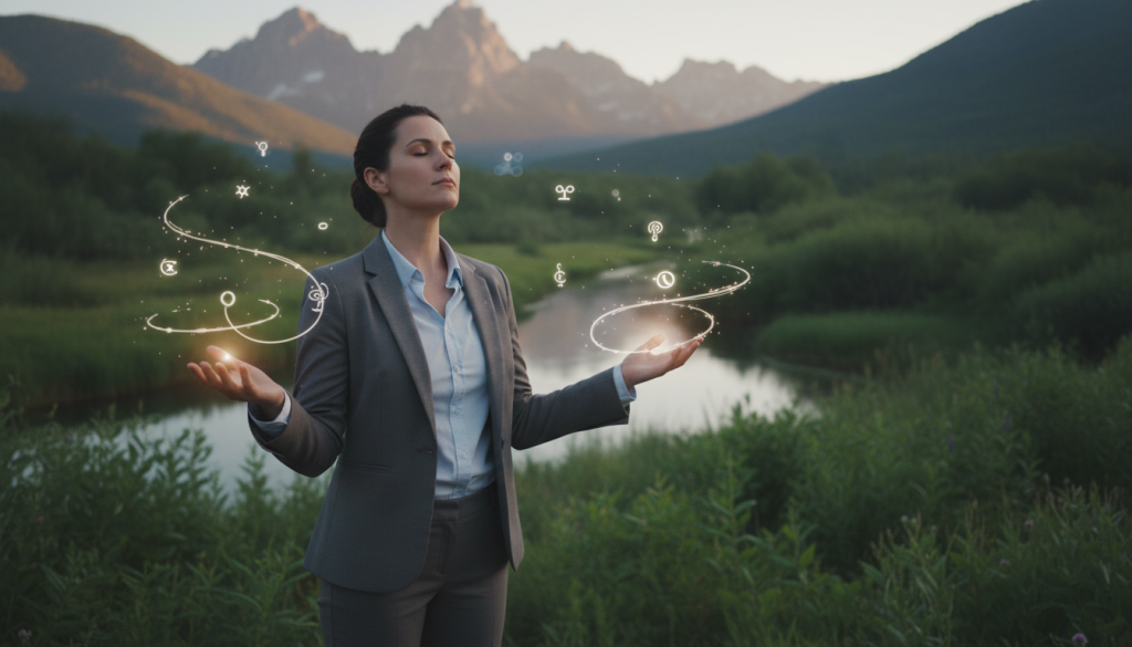 A serene, introspective scene showcasing spiritual self-discovery. In the foreground, a person in professional attire stands with their eyes closed, palms facing upward, radiating calm energy. They are surrounded by gentle, swirling wisps of light representing thoughts and insights. The middle of the scene features a tranquil nature backdrop, with lush greenery and a peaceful stream reflecting soft sunlight. In the background, majestic mountains are bathed in a warm, golden hue, symbolizing stability and wisdom. The overall mood is one of peace, enlightenment, and harmony, with soft, ethereal lighting that creates a dreamlike atmosphere. The composition is captured from a slightly elevated angle, emphasizing the subject's connection to nature and spiritual enlightenment.